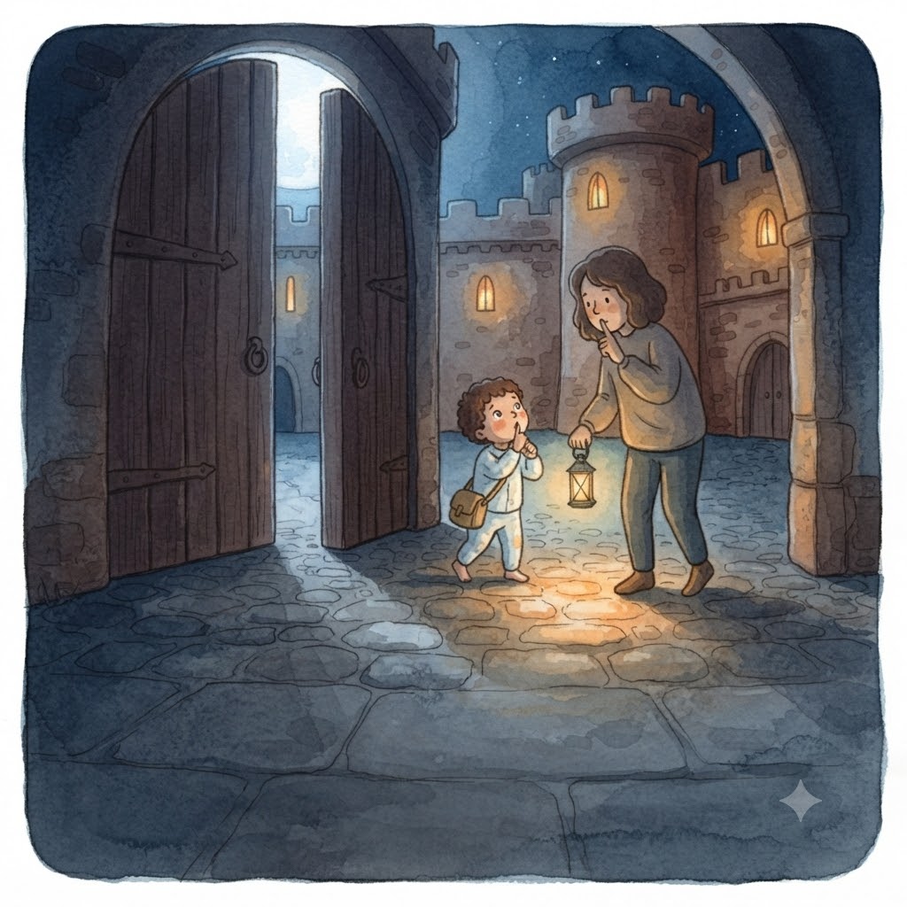 The pair tiptoe through the creaking castle gate, fingers on lips