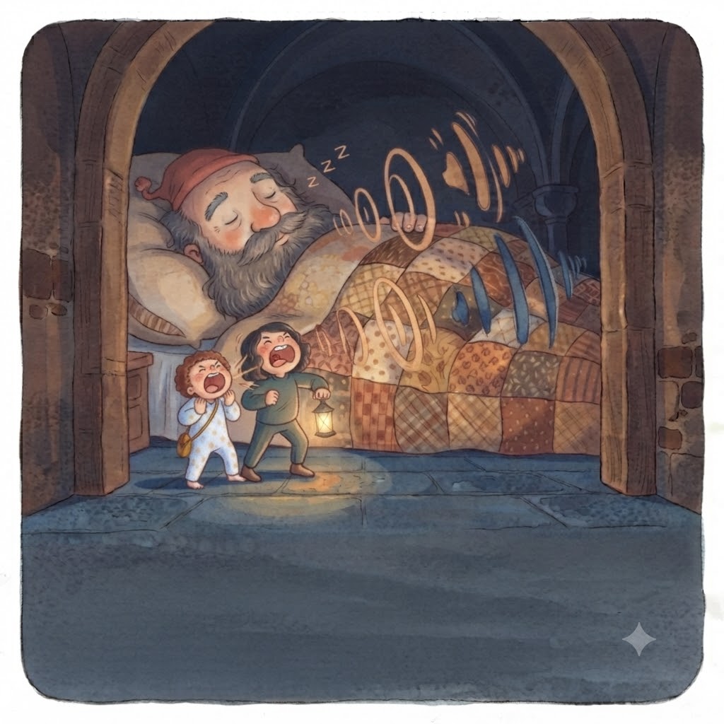 The two explorers shout BOO at the snoring Giant with all their might